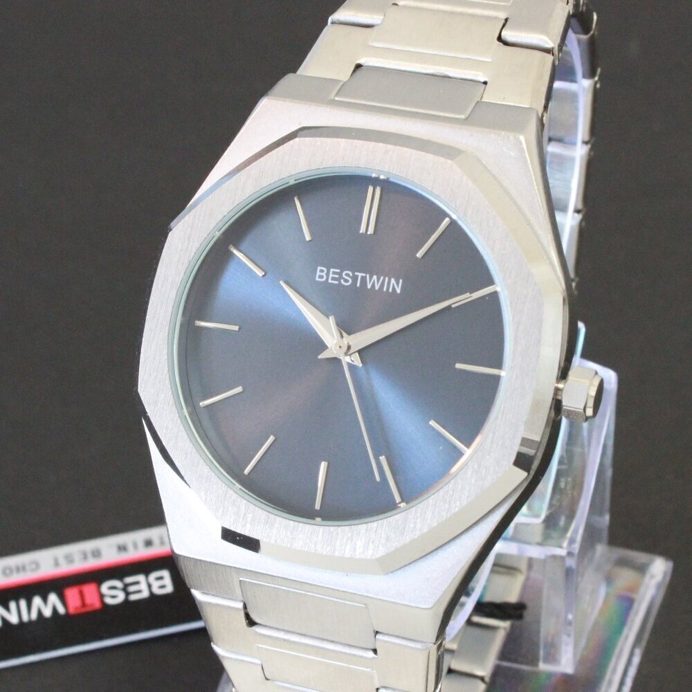 Men's Sports Watch Integrated Bracelet Silver Tone Blue Dial 41.5mm